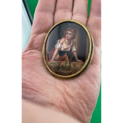 Antique Victorian Hand Painted Porcelain Portrait Brooch Miniature Pastoral - Thumbnail 14