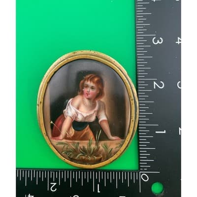 Antique Victorian Hand Painted Porcelain Portrait Brooch Miniature Pastoral - Thumbnail 13