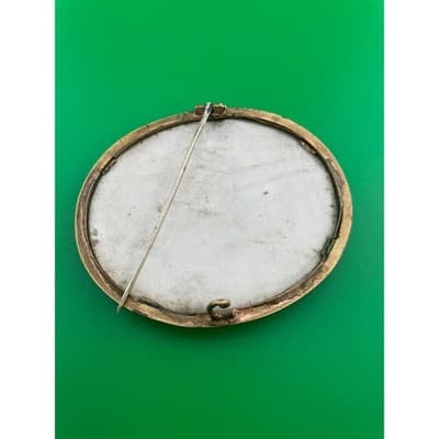 Antique Victorian Hand Painted Porcelain Portrait Brooch Miniature Pastoral - Thumbnail 10