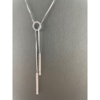 Sterling Silver CZ Lariat Y Necklace Adjustable Box Chain Pavé Bar Drop Pendant - Thumbnail 6
