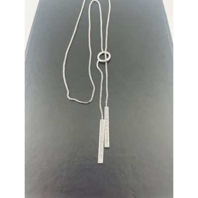Sterling Silver CZ Lariat Y Necklace Adjustable Box Chain Pavé Bar Drop Pendant - Thumbnail 8