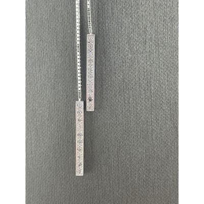 Sterling Silver CZ Lariat Y Necklace Adjustable Box Chain Pavé Bar Drop Pendant - Thumbnail 2