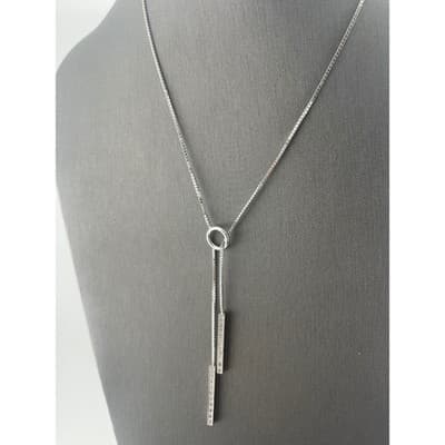 Sterling Silver CZ Lariat Y Necklace Adjustable Box Chain Pavé Bar Drop Pendant - Thumbnail 4