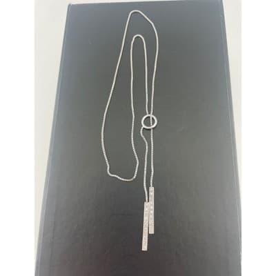 Sterling Silver CZ Lariat Y Necklace Adjustable Box Chain Pavé Bar Drop Pendant - Thumbnail 7