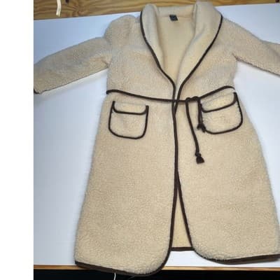 Vintage 70s Wool Sherpa Teddy Coat Oversized Unisex Scandi Cream Brown Woolmark - Thumbnail 8