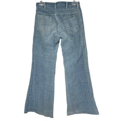 Y2K Patchwork Grid Denim Jeans Mid Rise Flare Raw Hem 26 27 Vintage - Thumbnail 2