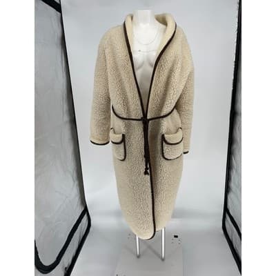 Vintage 70s Wool Sherpa Teddy Coat Oversized Unisex Scandi Cream Brown Woolmark - Thumbnail 2