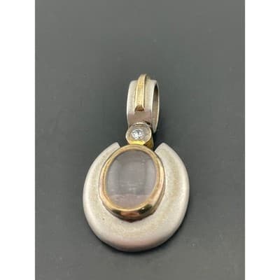 Artisan Sterling pendant Rose Quartz Mixed Metal Look handcrafted vtg 90s 2000s - Thumbnail 6