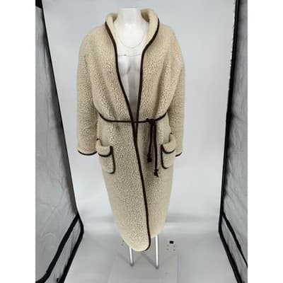 Vintage 70s Wool Sherpa Teddy Coat Oversized Unisex Scandi Cream Brown Woolmark - Thumbnail 3