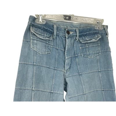 Y2K Patchwork Grid Denim Jeans Mid Rise Flare Raw Hem 26 27 Vintage - Thumbnail 4