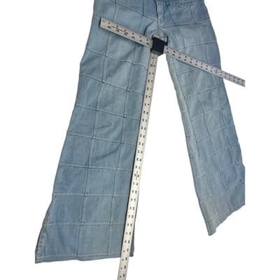 Y2K Patchwork Grid Denim Jeans Mid Rise Flare Raw Hem 26 27 Vintage - Thumbnail 15