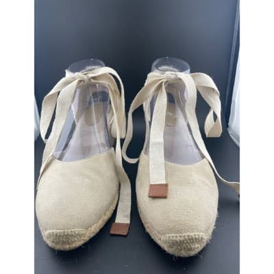 Boden Suede Lace Up Espadrille Wedges Beige Tan Ankle Tie Spain EU 39 US 8.5 9 - Thumbnail 3