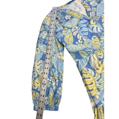 J McLaughlin Linen Cotton Blue Yellow Monstera Leaf Tiered Midi Dress S Pockets - Thumbnail 12