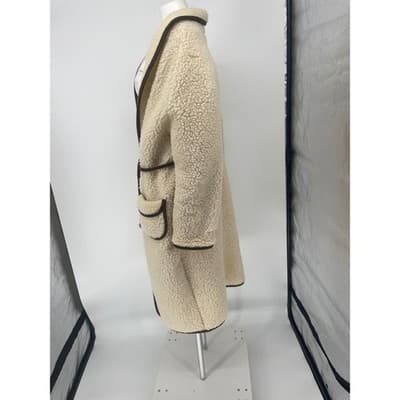 Vintage 70s Wool Sherpa Teddy Coat Oversized Unisex Scandi Cream Brown Woolmark - Thumbnail 4