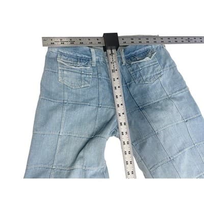 Y2K Patchwork Grid Denim Jeans Mid Rise Flare Raw Hem 26 27 Vintage - Thumbnail 14
