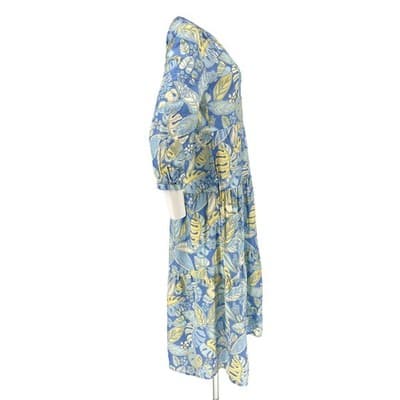 J McLaughlin Linen Cotton Blue Yellow Monstera Leaf Tiered Midi Dress S Pockets - Thumbnail 3