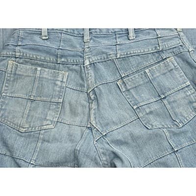 Y2K Patchwork Grid Denim Jeans Mid Rise Flare Raw Hem 26 27 Vintage - Thumbnail 12