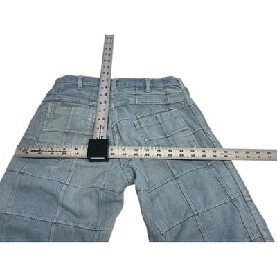 Y2K Patchwork Grid Denim Jeans Mid Rise Flare Raw Hem 26 27 Vintage - Thumbnail 16