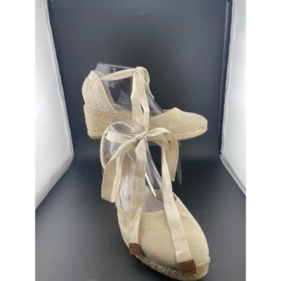 Boden Suede Lace Up Espadrille Wedges Beige Tan Ankle Tie Spain EU 39 US 8.5 9 - Thumbnail 2