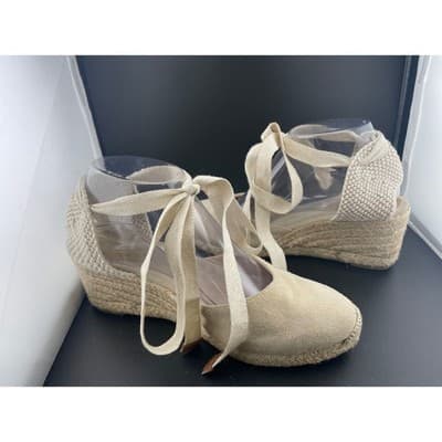 Boden Suede Lace Up Espadrille Wedges Beige Tan Ankle Tie Spain EU 39 US 8.5 9 - Thumbnail 7