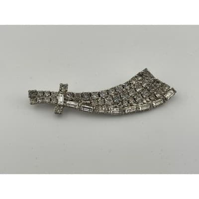 Vintage rhinestone Sword Brooch Silver Tone Scimitar Mid Century Costume Jewelry - Thumbnail 4