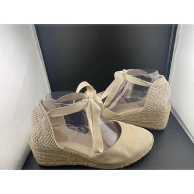 Boden Suede Lace Up Espadrille Wedges Beige Tan Ankle Tie Spain EU 39 US 8.5 9 - Thumbnail 6