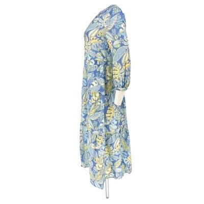 J McLaughlin Linen Cotton Blue Yellow Monstera Leaf Tiered Midi Dress S Pockets - Thumbnail 4