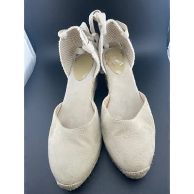 Boden Suede Lace Up Espadrille Wedges Beige Tan Ankle Tie Spain EU 39 US 8.5 9 - Thumbnail 13