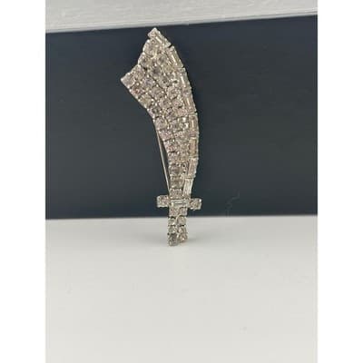 Vintage rhinestone Sword Brooch Silver Tone Scimitar Mid Century Costume Jewelry - Thumbnail 2