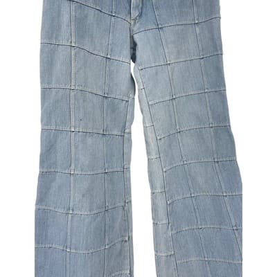 Y2K Patchwork Grid Denim Jeans Mid Rise Flare Raw Hem 26 27 Vintage - Thumbnail 3