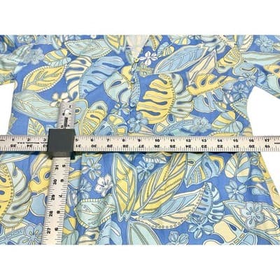 J McLaughlin Linen Cotton Blue Yellow Monstera Leaf Tiered Midi Dress S Pockets - Thumbnail 11