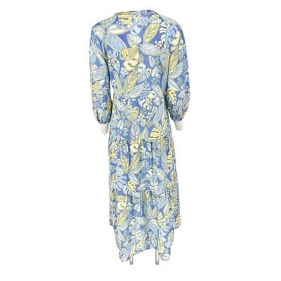 J McLaughlin Linen Cotton Blue Yellow Monstera Leaf Tiered Midi Dress S Pockets - Thumbnail 5