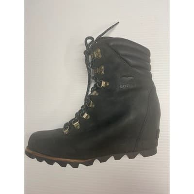 Sorel Black Suede Leather Wedge Lace Up Hiking Boots Women's size 10 EUC booties - Thumbnail 8