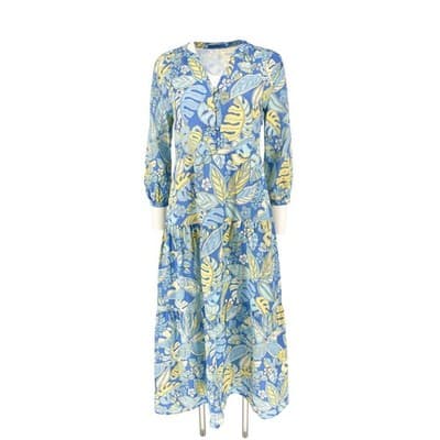 J McLaughlin Linen Cotton Blue Yellow Monstera Leaf Tiered Midi Dress S Pockets - Thumbnail 2