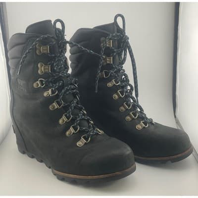 Sorel Black Suede Leather Wedge Lace Up Hiking Boots Women's size 10 EUC booties - Thumbnail 3