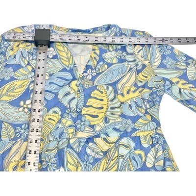 J McLaughlin Linen Cotton Blue Yellow Monstera Leaf Tiered Midi Dress S Pockets - Thumbnail 9