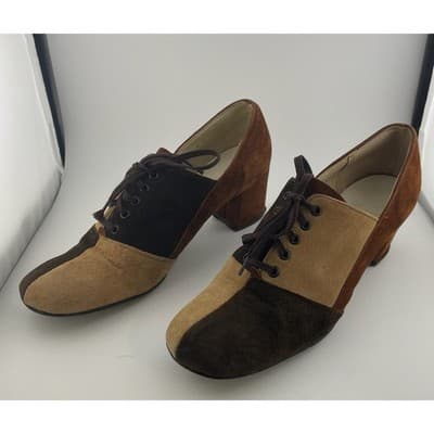 Vintage 60s Hush Puppies Colorblock Suede Mod Heels Lace Up Brown 8M pumps - Thumbnail 4