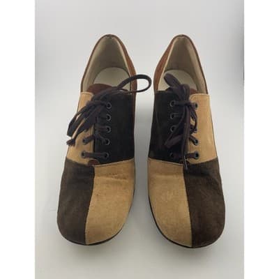 Vintage 60s Hush Puppies Colorblock Suede Mod Heels Lace Up Brown 8M pumps - Thumbnail 3