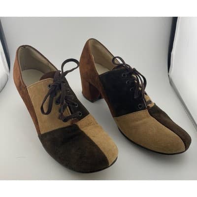 Vintage 60s Hush Puppies Colorblock Suede Mod Heels Lace Up Brown 8M pumps - Thumbnail 5