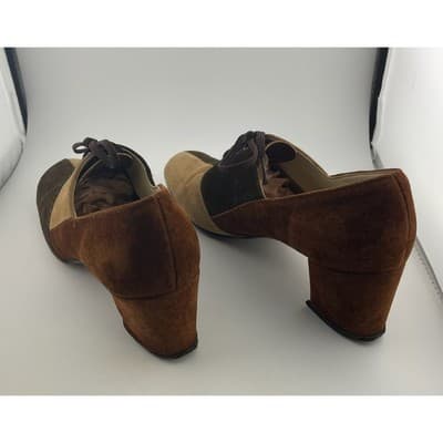 Vintage 60s Hush Puppies Colorblock Suede Mod Heels Lace Up Brown 8M pumps - Thumbnail 7