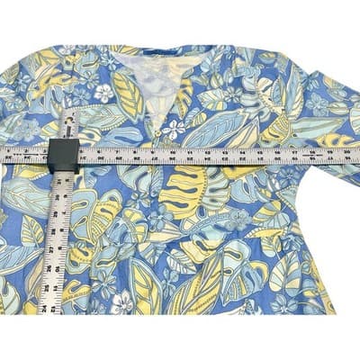 J McLaughlin Linen Cotton Blue Yellow Monstera Leaf Tiered Midi Dress S Pockets - Thumbnail 10
