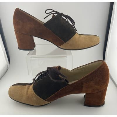 Vintage 60s Hush Puppies Colorblock Suede Mod Heels Lace Up Brown 8M pumps - Thumbnail 2