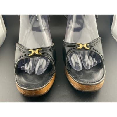 Vintage 90s Y2K Black Leather Platform Sandals Wood Heel Ankle Strap Size 9 gold - Thumbnail 4