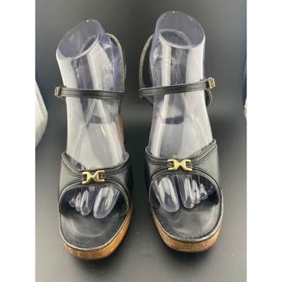 Vintage 90s Y2K Black Leather Platform Sandals Wood Heel Ankle Strap Size 9 gold - Thumbnail 3