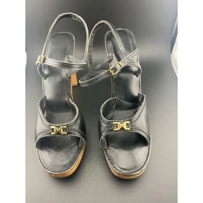Vintage 90s Y2K Black Leather Platform Sandals Wood Heel Ankle Strap Size 9 gold - Thumbnail 12