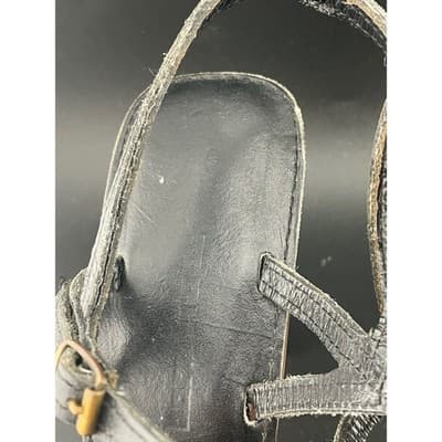 Vintage 90s Y2K Black Leather Platform Sandals Wood Heel Ankle Strap Size 9 gold - Thumbnail 13