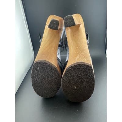 Vintage 90s Y2K Black Leather Platform Sandals Wood Heel Ankle Strap Size 9 gold - Thumbnail 11