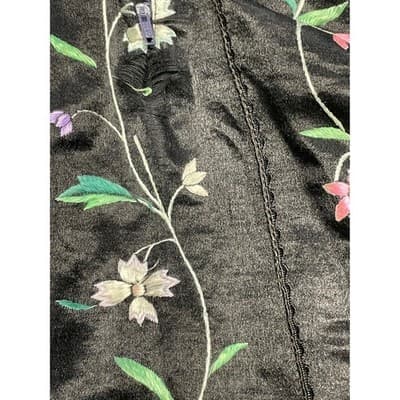 Vintage 1950s Black Silk Hand Embroidered Skirt Chinoiserie Floral Pagoda XS S - Thumbnail 9