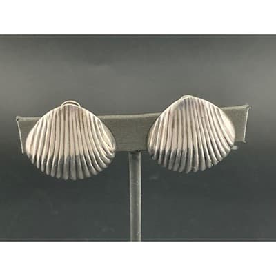Vintage Sterling Silver Sculptural Shell Clip Earrings Ribbed 925 80's chunky - Thumbnail 5