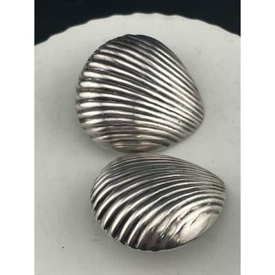 Vintage Sterling Silver Sculptural Shell Clip Earrings Ribbed 925 80's chunky - Thumbnail 9